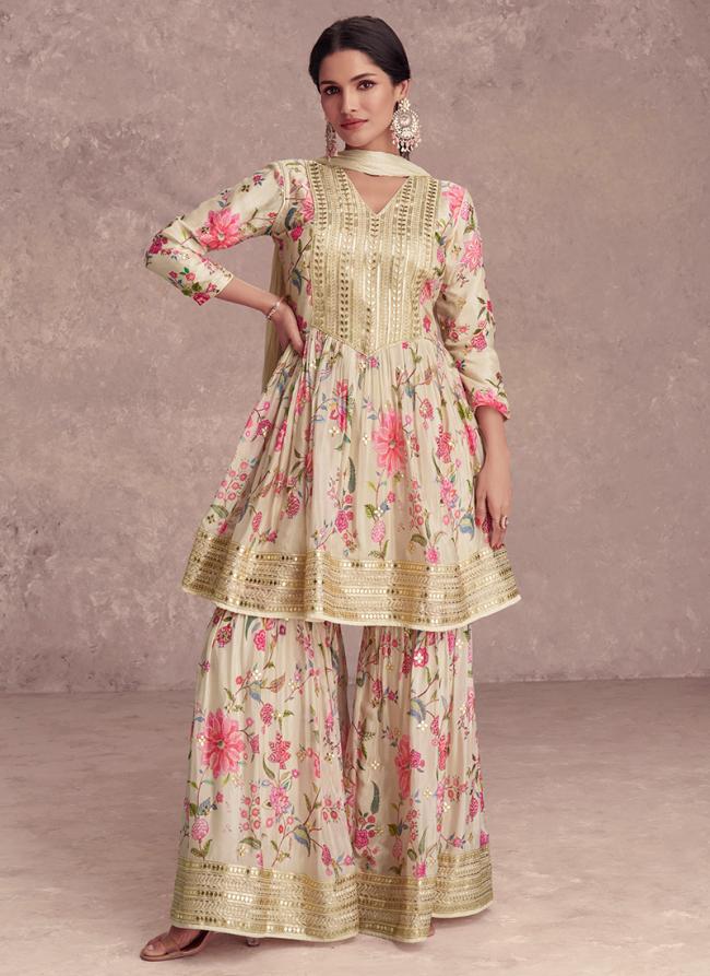 Real Chinnon Beige Wedding Wear Printed Readymade Sharara Suit